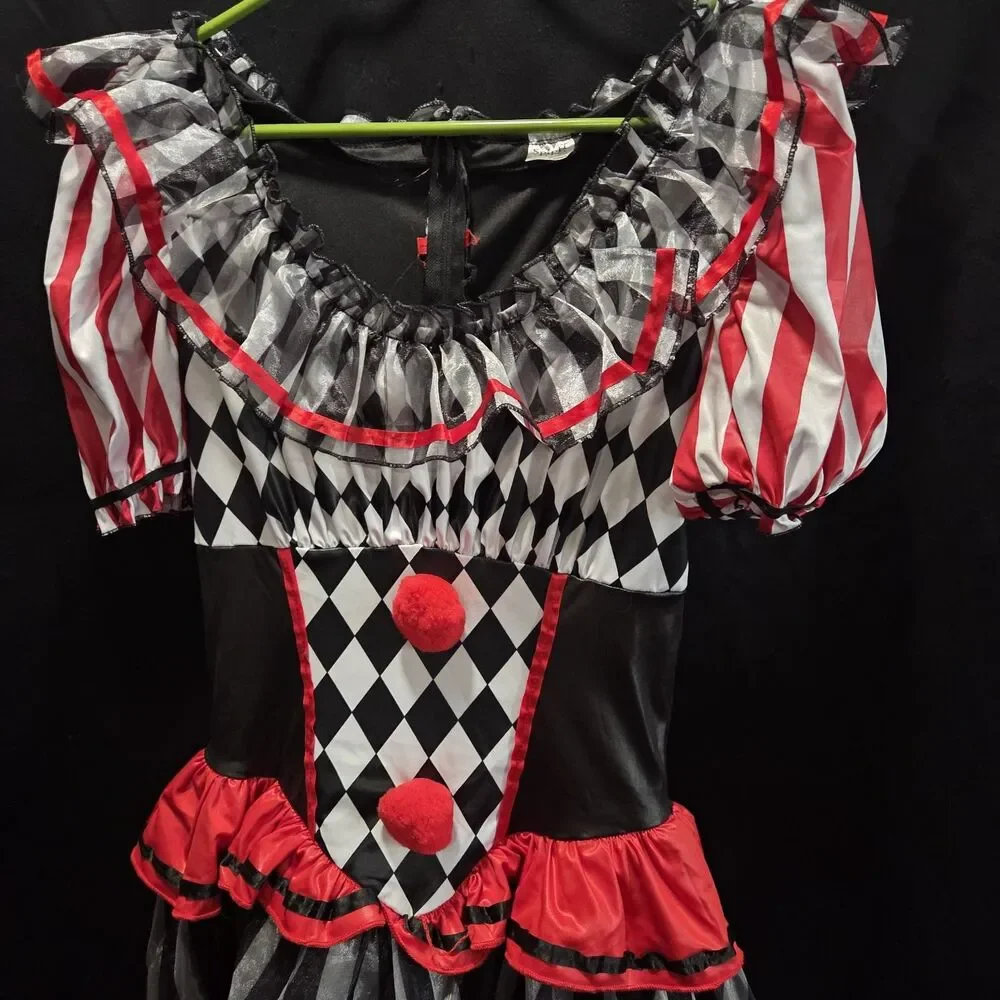 Harlequinn Clown Costume Adult M 8-10 Black Red White W/Extra Hair Ext *NO HAT - Picture 3 of 12